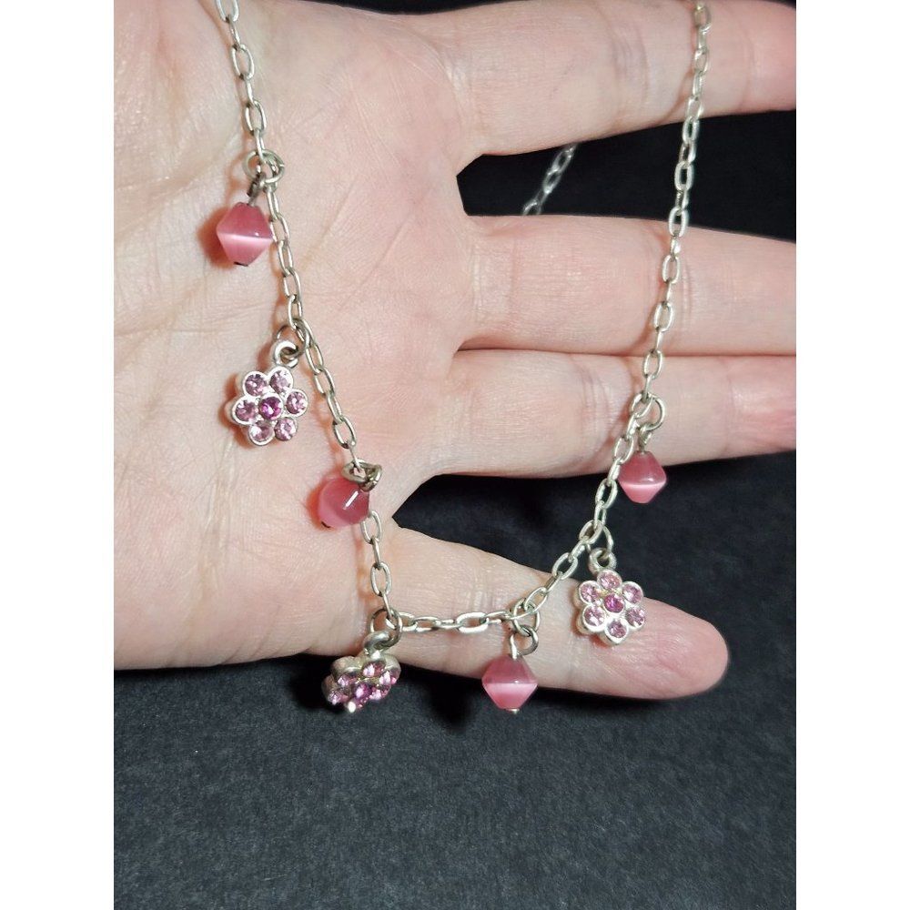 Silver tone pink rhinestone flower necklace 16-18"